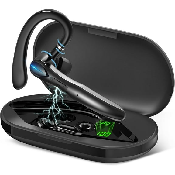 Bluetooth Headset, 100H Talk Handsfree Wireless Headset with Dual ENC Noise Canceling Mic Mute, Single Ear Headsets IP7 Waterproof, In Ear Earpiece for Driving/Office/Business