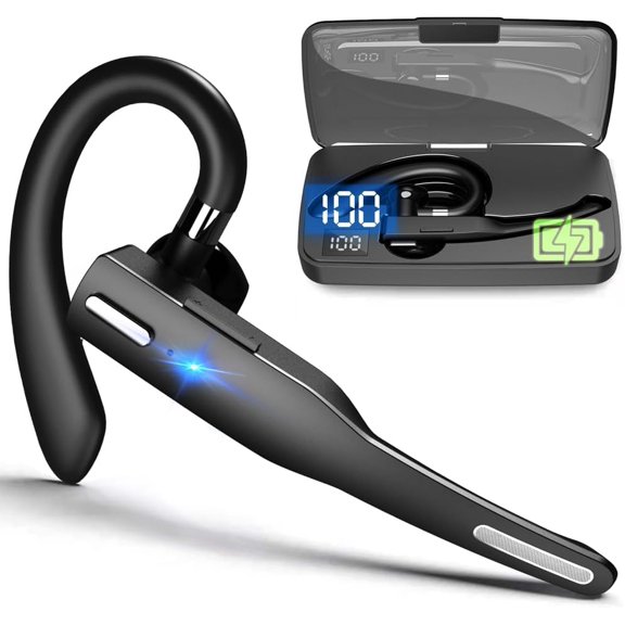 Bluetooth Headset with AI Translation Support, Wireless Single Ear Headset with ENC Noise Reduction Microphone, 72H Battery Life Charging Case, Rotatable Ear Hook for Driving, Office and Calls