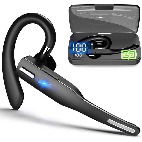 Bluetooth Headset with AI Translation Support, Wireless Single Ear Headset with ENC Noise Reduction Microphone, 72H Battery Life Charging Case, Rotatable Ear Hook for Driving, Office and Calls
