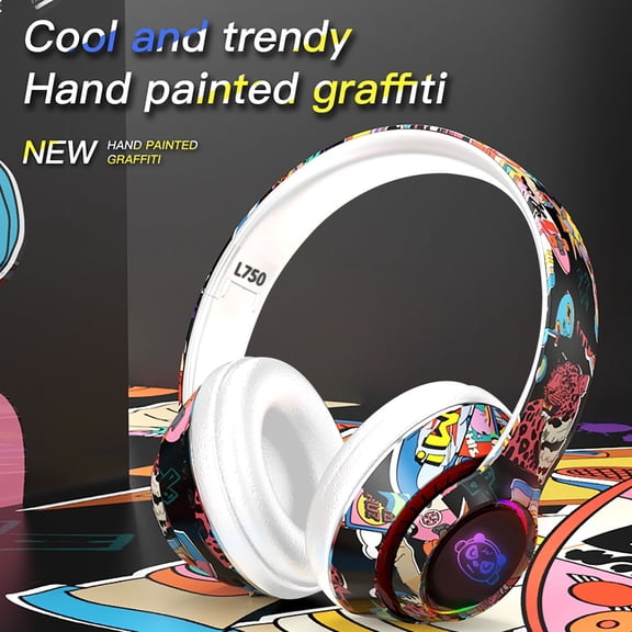 Bluetooth Headset, Graffiti Headphones Bluetooth 5.1,Headset Wireless Gamer with Mic RGB LED Light for Kids PC Gamer Earphone Support