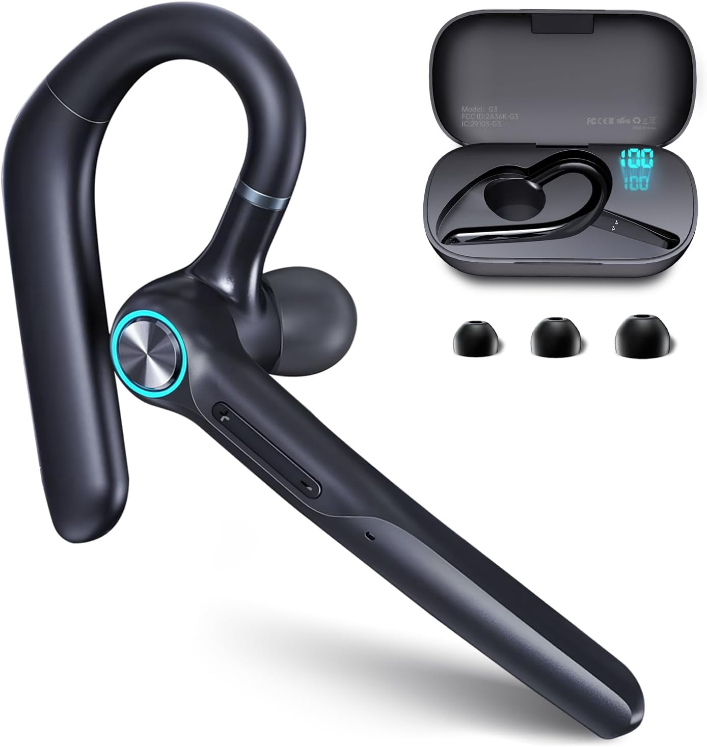 Bluetooth Headset with Microphone, Bluetooth Earpiece for Work, Wireless Headset with Mic, 15H Talk Time, 500mAh Charging Case, Bluetooth 5.3, LED Display for Office, Laptop, Phone, Driving