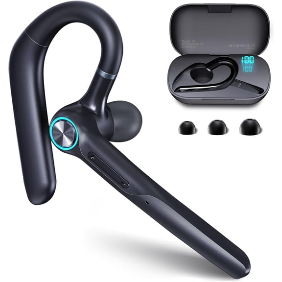 Bluetooth Headset with Microphone, Bluetooth Earpiece for Work, Wireless Headset with Mic, 15H Talk Time, 500mAh Charging Case, Bluetooth 5.3, LED Display for Office, Laptop, Phone, Driving