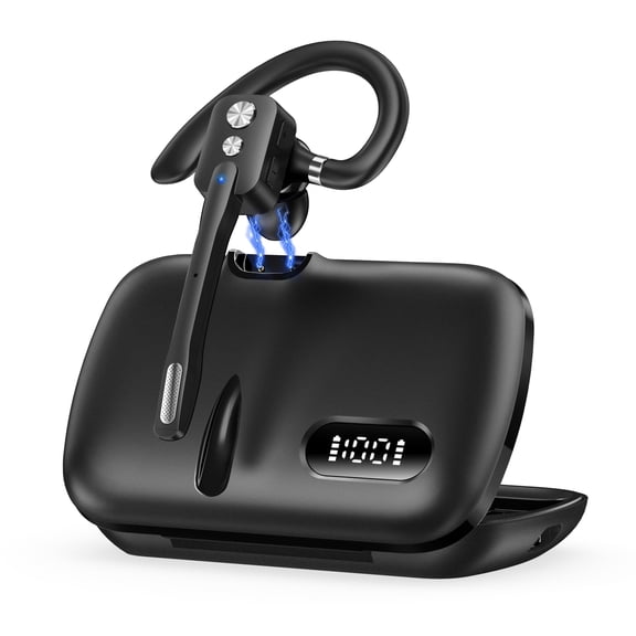 Bluetooth Headset with Microphone, Wireless Earpiece with Charging Case for Cellphones, PC, Single Ear Headset with Mute for Trucker Driver, Remote Work, Skype, Zoom, Teams, Call Center
