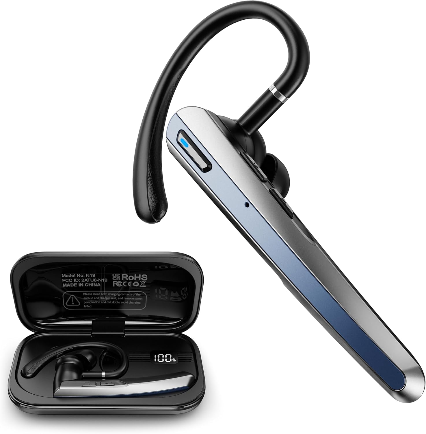 Bluetooth Headset with Microphone, Wireless Earpiece with Charging Case for Cellphones, PC, Single Ear Headset with Mute for Trucker Driver, Remote Work
