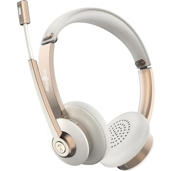 MUSICOZY Bluetooth Headset with Microphone, Wireless Headphones with Noise Cancelling Mic, 26hrs talktime, On Ear Headphones with Mic Mute for Mac/Laptop/Zoom/Teams/Call Center/Office/Home Gold