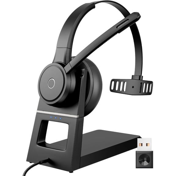 Bluetooth Headset with Noise Cancelling Mic, USB Dongle & Charging Dock, Wireless Computer Headset for PC Laptop Zoom Teams Call Center