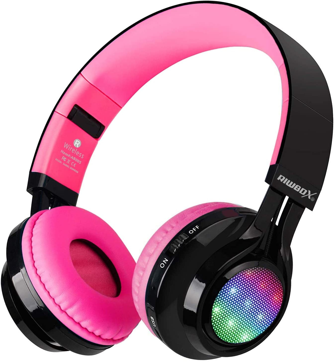 Bluetooth Headset, Riwbox AB005 Wireless Headphones 5.0 with Microphone Foldable Headphones with TF Card FM Radio and LED Light for Cellphones and All Bluetooth Enabled Devices (Pink)