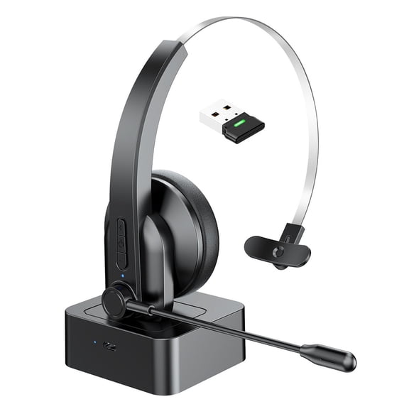 Bluetooth Headset, Trucker Wireless Headset with Noise Cancelling Microphone & Charging Base Mute Function Clear Sound for Cell Phones PC Laptop Home Office