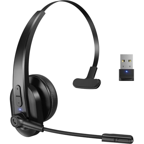 Bluetooth Headset with USB Dongle for Computer, Single-Ear Wireless Headset with Noise Cancelling Microphone for Office & Truckers, Bluetooth V5.2 with Mute Button for Work