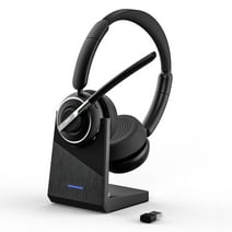 Bluetooth Headset, V5.2 Wireless Headset with AI Noise Cancellation Microphone, On Ear Headphones with Charging Base & Bluetooth Adapter, for Computer Home Office Call Center Zoom Skype