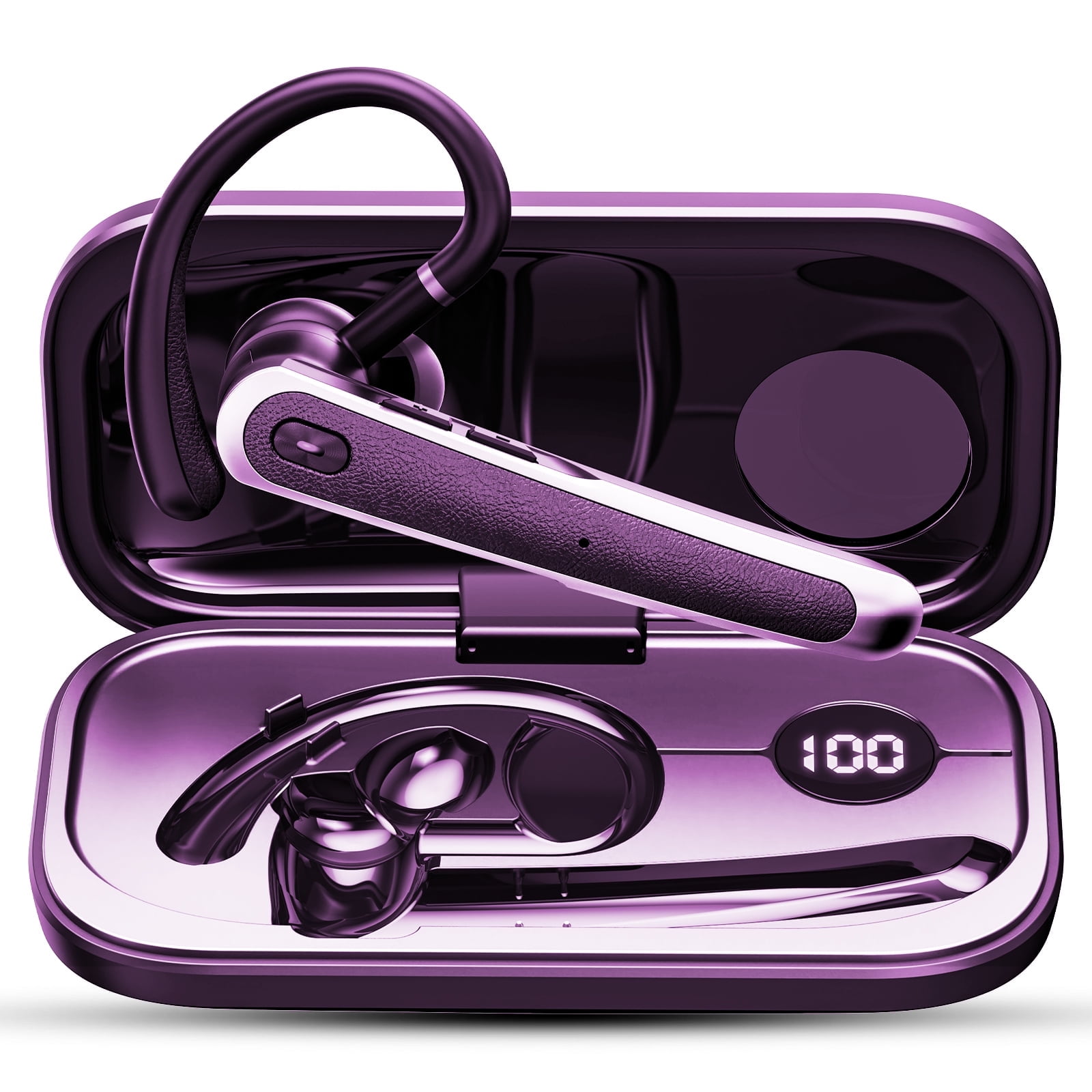 Bluetooth Headset V5.4, Wireless Bluetooth Earpiece, 65H Talk Time with LED Charging Case, Hands Free Noise Canceling Headphones, Wireless Headset for Cell Phones/Trucker/Office Purple