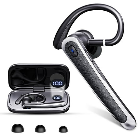 Bluetooth Headset V5.4, Wireless Bluetooth Earpiece, 65H Talk Time with LED Charging Case, Hands Free Noise Canceling Headphones, Wireless Headset with Mute Button for Cell Phones/Trucker/Home/Office