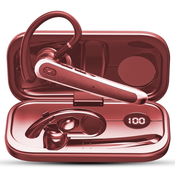 Bluetooth Headset V5.4, Wireless Bluetooth Earpiece, 65H Talk Time with LED Charging Case, Hands Free Noise Canceling Headphones, Wireless Headset with Mute Button for Cell Phones/Trucker/Office Red