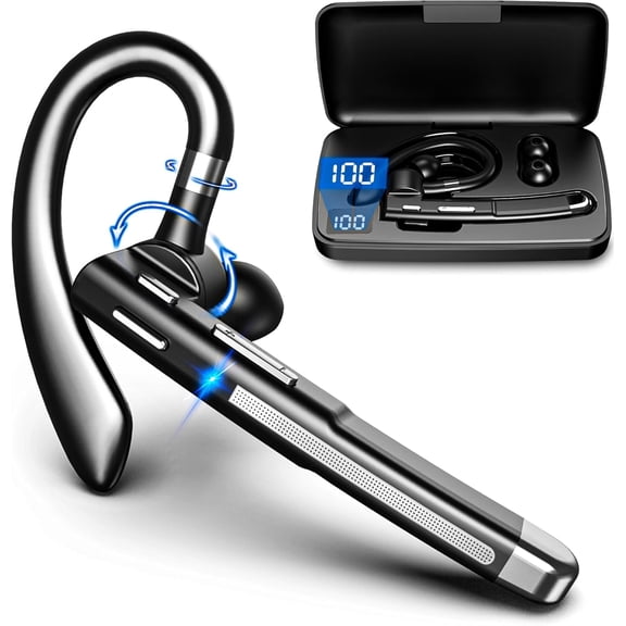 Bluetooth Headset V6.1, Wireless Bluetooth Earpiece with 500mAh Charging Case,100 Hours Talking Time, CVC8.0 Noise Cancelling Single-Ear Earphone, Hand-Free Headphones for Trucker, Office, Business