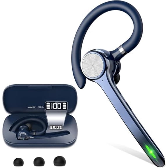 Bluetooth Headset, Wireless Bluetooth Earpiece with 500mAh Charging Case 72 Hours Talking Time Built-in Microphone for iOS Android Cell Phone, Hand-Free Headphones for Trucker, Office-Blue