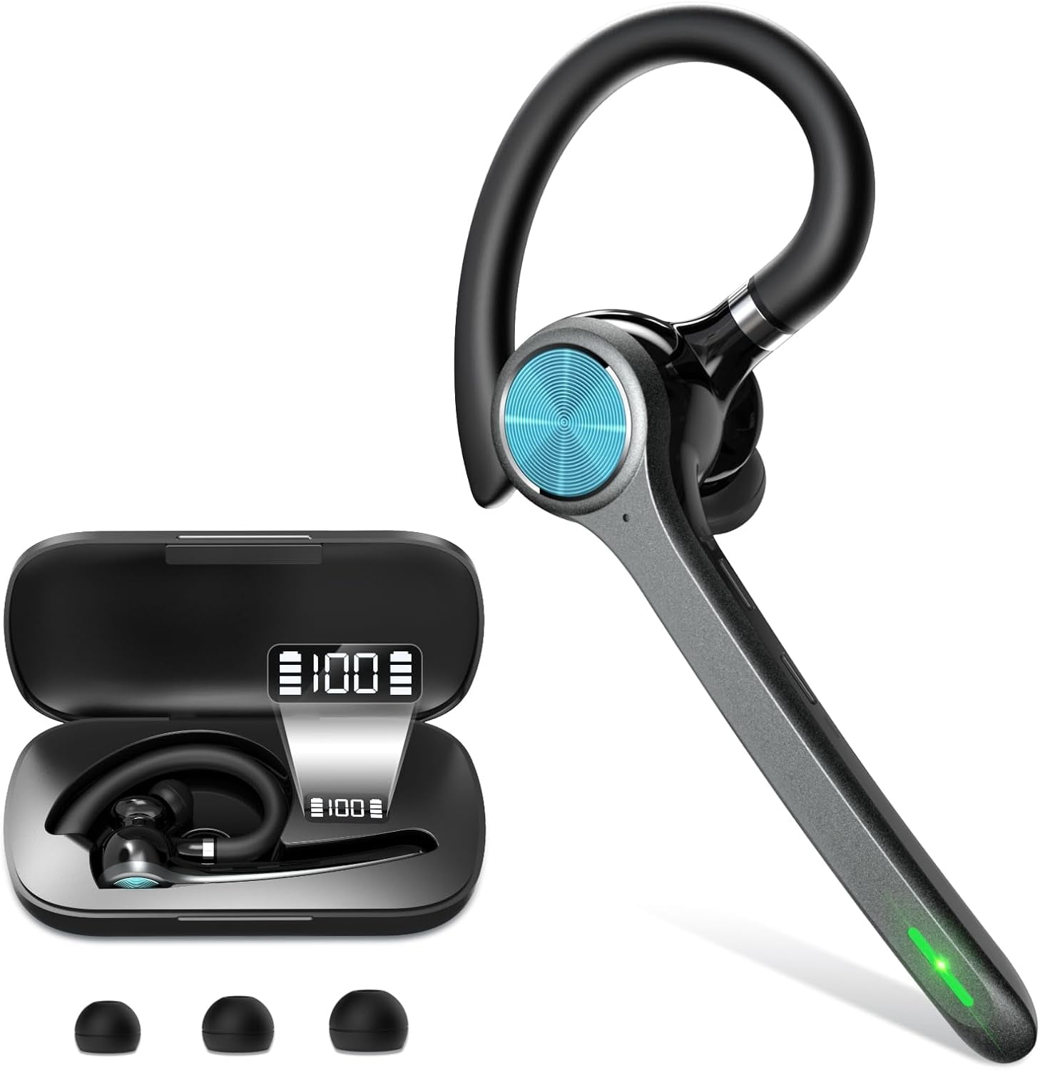 Bluetooth Headset, Wireless Bluetooth Earpiece with 500mAh Charging Case 72 Hours Talking Time Built-in Microphone for iOS Cell Phone, Hand-Free Headphones for Trucker, Office(Light Gray)