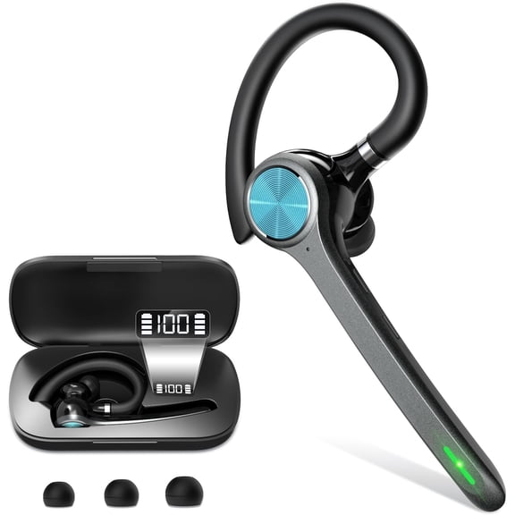 Bluetooth Headset, Wireless Bluetooth Earpiece with 500mAh Charging Case 72 Hours Talking Time Built-in Microphone for iOS Cell Phone, Hand-Free Headphones for Trucker, Office(Light Gray)