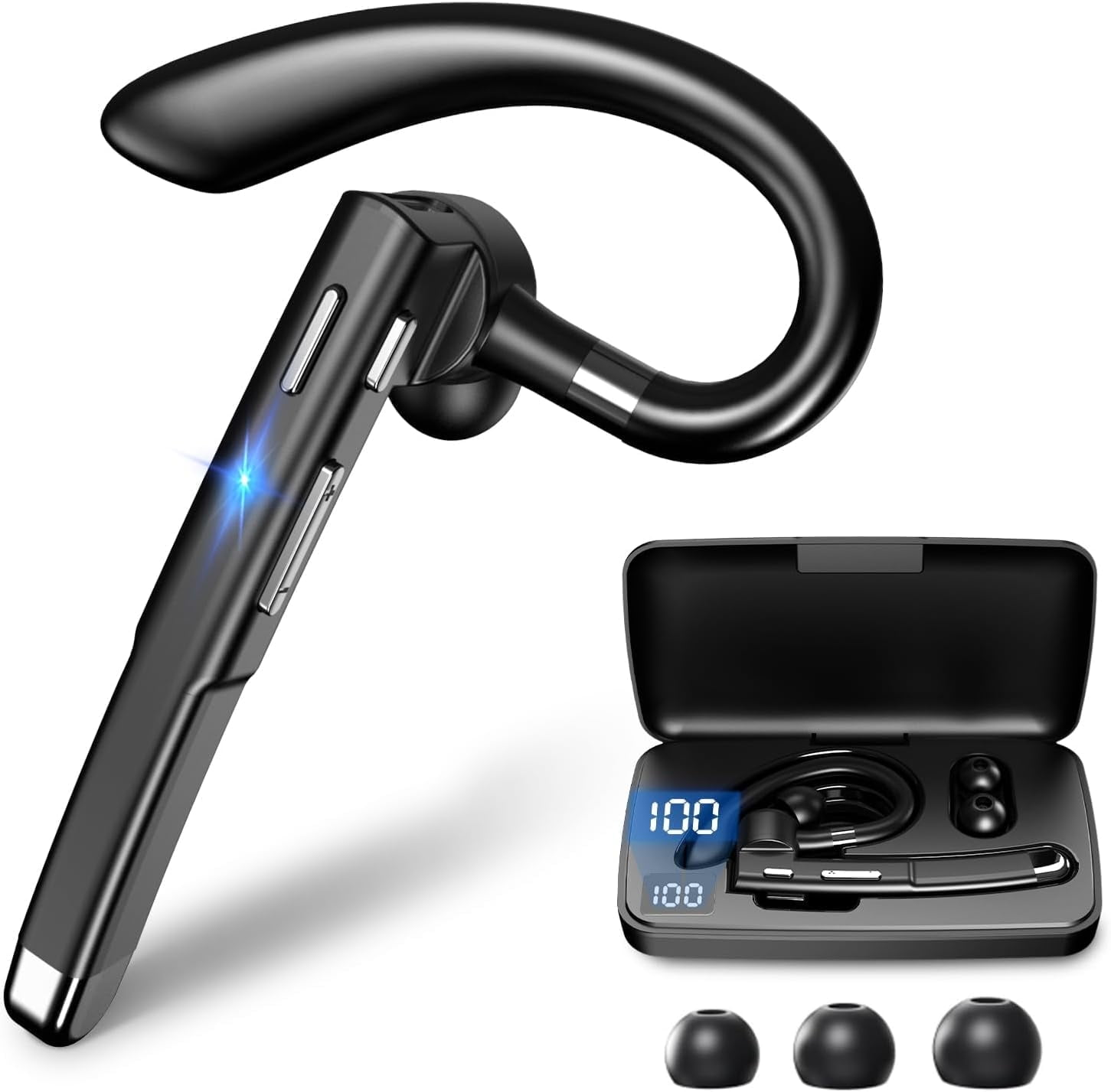 Bluetooth Headset, Wireless Earpiece with 500mAh Charging Case, 100Hrs Talking Time Built-in Dual Microphone 270 Rotatable Hand-Free Noise Canceling Headphones for Office/Trucker/Business