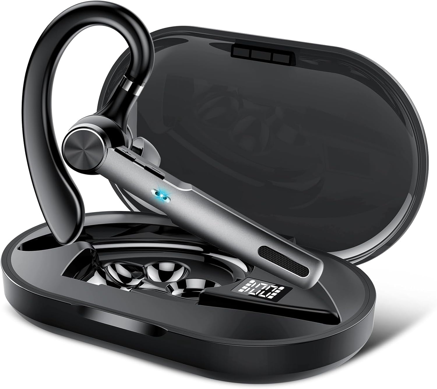 Bluetooth Headset, Wireless Earpiece with ENC Microphone, Single-Ear Bluetooth Earpiece V5.3 with Earhook, 60H Talktime, IP7 Waterproof Hands Free Earphones for for Business/Office, Carbon Black
