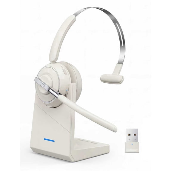Bluetooth Headset, Wireless Headset with Mic, V5.3 PC Headset for Computer with Microphone for Work, 130H Playtime with LED Power Display Charging Base, Noise Canceling Microphone, Mute Button