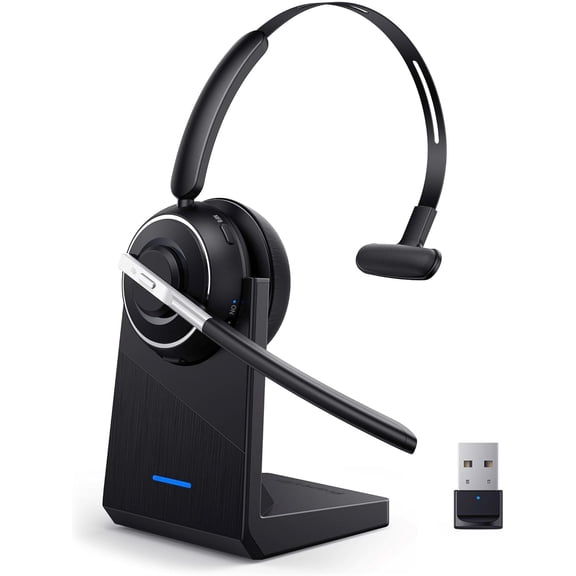 Bluetooth Headset, Wireless Headset with Microphone for PC, V5.2 Computer Headset with Noise Cancelling Mic, USB Dongle, Charging Base & Mute Button for Work, Cell Phones, Computer (Black)