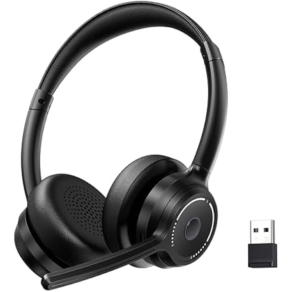 Bluetooth Headset, Wireless Headset with Noise Cancelling Microphone for Work, On Ear Headphones with USB Dongle and Mute Mic for Computer, Office Headset for Work, Call Center