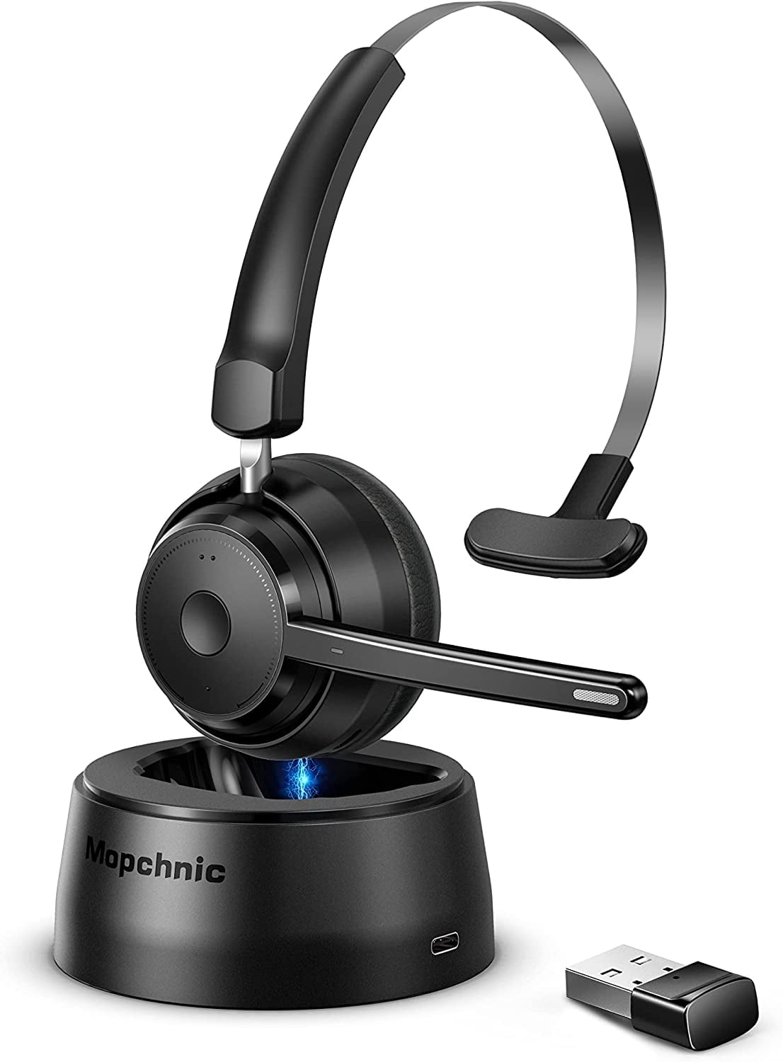 Bluetooth Headset, Wireless Headset with Upgraded Microphone AI Noise Canceling, On Ear Bluetooth Headset with USB Dongle for Office Call Center Skype Zoom Meeting Online Class Trucker