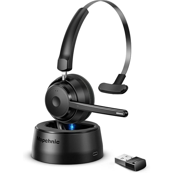 Bluetooth Headset, Wireless Headset with Upgraded Microphone AI Noise Canceling, On Ear Bluetooth Headset with USB Dongle for Office Call Center Skype Zoom Meeting Online Class Trucker