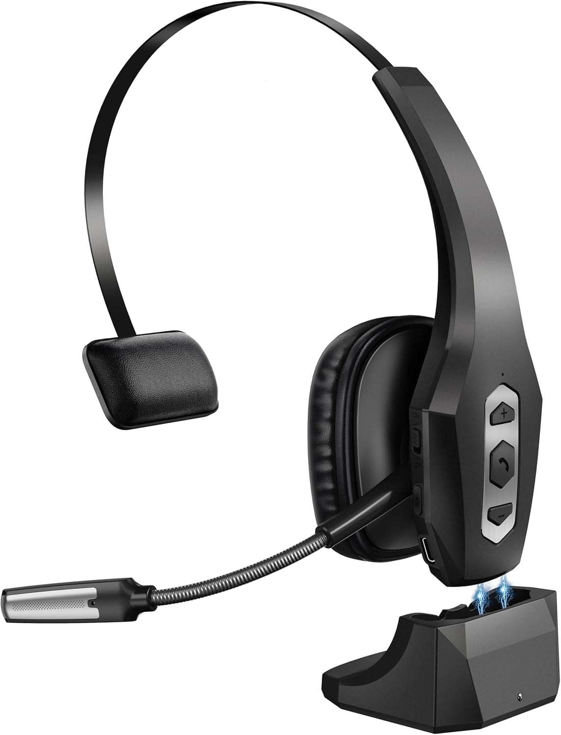 Bluetooth Headset with Charging Base Wireless Hands-Free Noise Canceling Microphone Mute Button 56-Hour Battery PC Computer Mobile Device Headset