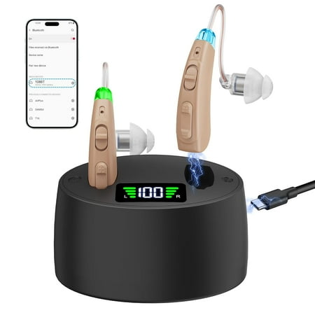 Bluetooth Hearing Amplifiers for Ears, Rechargeable BTE Personal Sound Amplifiers for Senior, Noise Reduction with Portable Charging Case, Beige