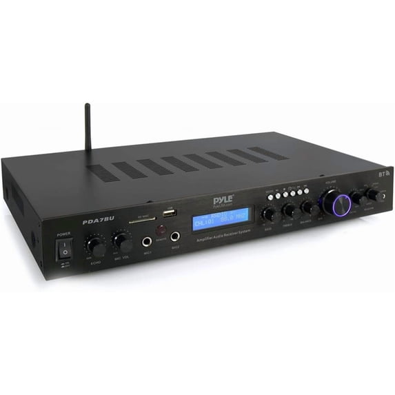 uetooth Home Theater Amplifier - 200 Watts into 5 Channels with Subwoofer Out, Easy Karaoke - Dual Mic, Wireless Streaming, USB/SD with MP3 player, RCA Input, FM Radio, LCD Display - PDA7BU