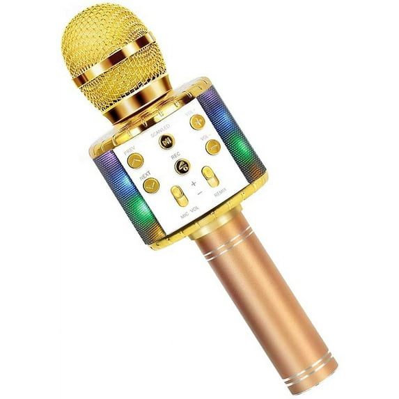 Bluetooth Karaoke Microphone with LED Lights, Portable Handheld Karaoke Microphone Speaker Gold
