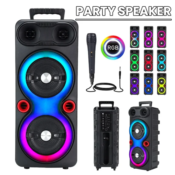 LIOOBO Black Outdoor Karaoke Speaker with Rgb Lights, Dual Subwoofers, Portable for Parties, 1Set