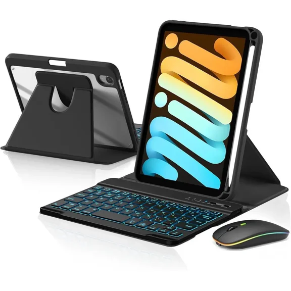 Bluetooth Keyboard Case with Mouse for iPad Mini 7 ( A17 Pro) / Mini 6 8.3 Inch, 360 Rotating Clear Back Cover with 7 Color Backlit Detachable Keyboard, Pen Holder for iPad mini 7th/6th Gen