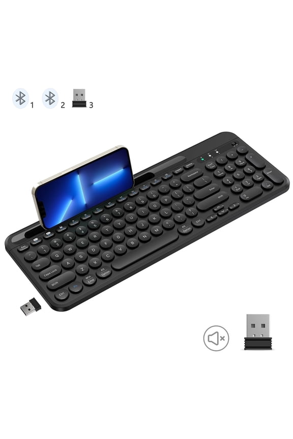 Bluetooth Keyboard, Dual Mode (BT 5.1+2.4G) Wireless Keyboard with Phone Holder, Silent Computer Keyboard for iPad iPhone MacBook Windows PC Laptop Tablet Android Mac, Black