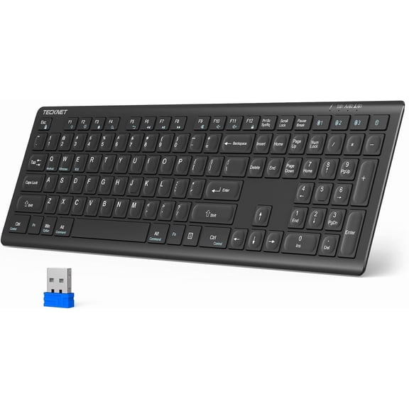 Bluetooth Keyboard Rechargeable, 4-Device (2.4G+BT) Wireless Keyboard, Full Size Computer Keyboard with Stand, Ultra-Slim Quiet Typing, for PC/Laptop/Smart TV/Phone/Tablet, 12 Hotkeys