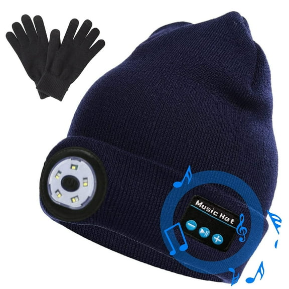 Bluetooth LED Beanie Hat with Gloves, Unisex USB Rechargeable 5 LED Headlamp Cap with Headphones, Built-in Stereo Speakers & Mic Winter Knitted Night Lighted Music Hat Christmas Gifts for Men Women