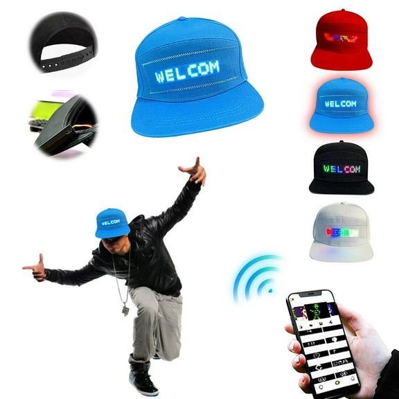 Bluetooth LED Hat with Customizable Display Screen for Personalized Messages & Animations, Perfect for Concerts, Festivals, and Night Events(Blue),Ccwuwei