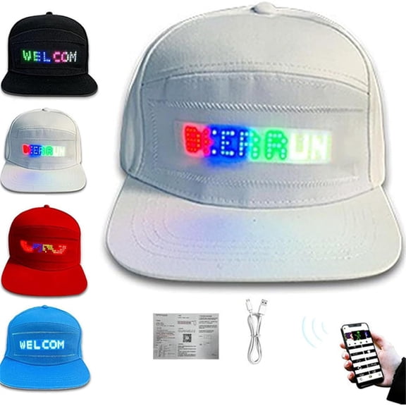 Bluetooth LED Rolling Display Hat, Wenini Customizable Text Hat with Detachable Screen 150x37mm, Smart Programmable Hat for Concerts Festivals Parties with Music Mode, White