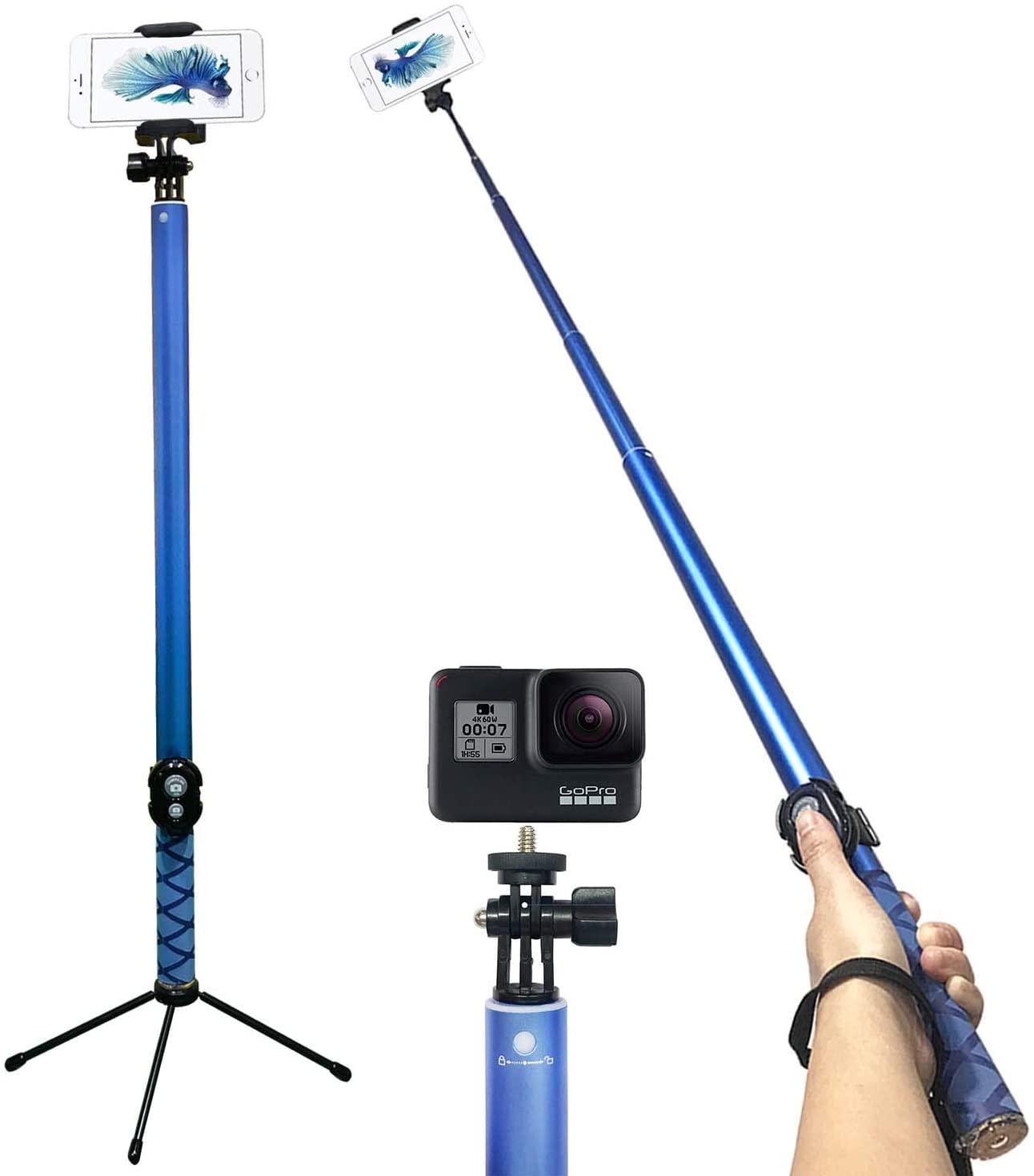 Bluetooth Long Selfie Stick- Super Length Lightweight Extendable Pole from 20'' to 118 Built-in Wireless Remote Shutter