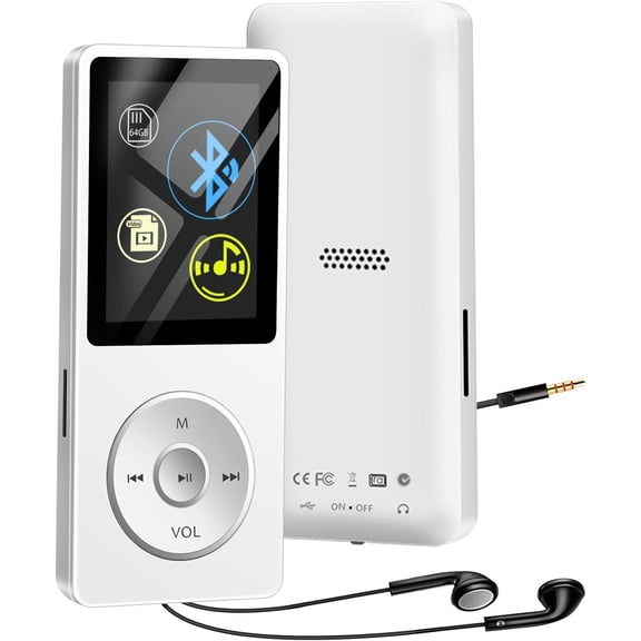 Bluetooth MP3 Player with 64GB TF Card, MP3 Music Players with Speaker, Mini MP3 Media Player with Video/FM Raido/Alarm/Shuffle Playback, up to 128GB Memory Storage, Including Earphones