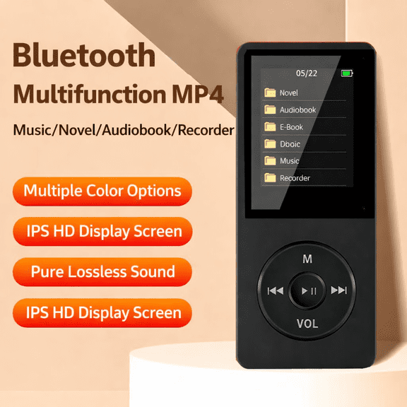 Bluetooth MP4 Player IPS HD Screen, Hi-Fi Lossless Sound, Wireless Music Player with Voice Recorder & FM Radio, Supports up to 64GB TF Card, Portable for Study, Travel & Sport