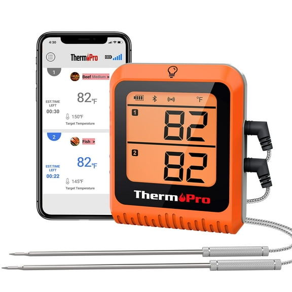 Bluetooth Meat Thermometer 650 ft Range Dual Probe for Grilling Smoking Oven Cooking Turkey Beef Pork, Wireless Digital Food Thermometer, Orange