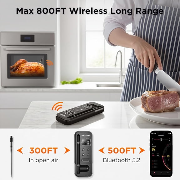 Bluetooth Meat Thermometer with Smart APP, 800FT Wireless Range & LCD Base, Rechargeable Probe, Digital Food Thermometer for BBQ, Grill, Chefs, Air Fryer, Gifts for Men Dad