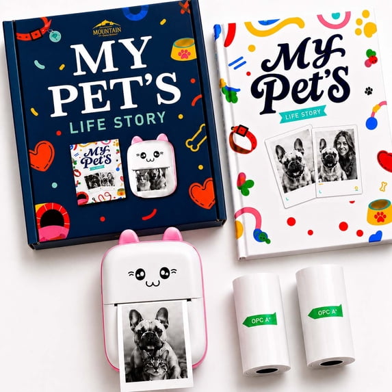 Bluetooth Mini Pet Photo Printer with Diary Book – Portable Thermal Sticker Printer for Smartphone – Includes 3 Rolls & “My Pet's Life Story” by Sean Doherty a Lifelong Animal Lover (Especially Dogs)