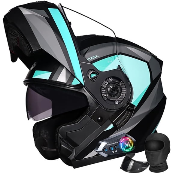 Bluetooth Modular Motorcycle Generic for Adults DOT Approved - Full Face Flip-Up Design with Built-in Sunshield, Dual Anti-Fog Visors, Quick-Release System Multi-Vent Cooling