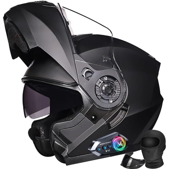 Bluetooth Modular Motorcycle Generic for Adults DOT Approved - Full Face Flip-Up Design with Built-in Sunshield, Dual Anti-Fog Visors, Quick-Release System Multi-Vent Cooling