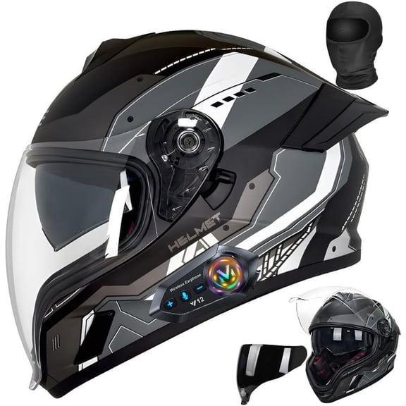 Bluetooth Modular Motorcycle Helmet Full Face DOT Approved High Impact ABS Shell Dual Visor Removable Padding Glasses Channel for Adults