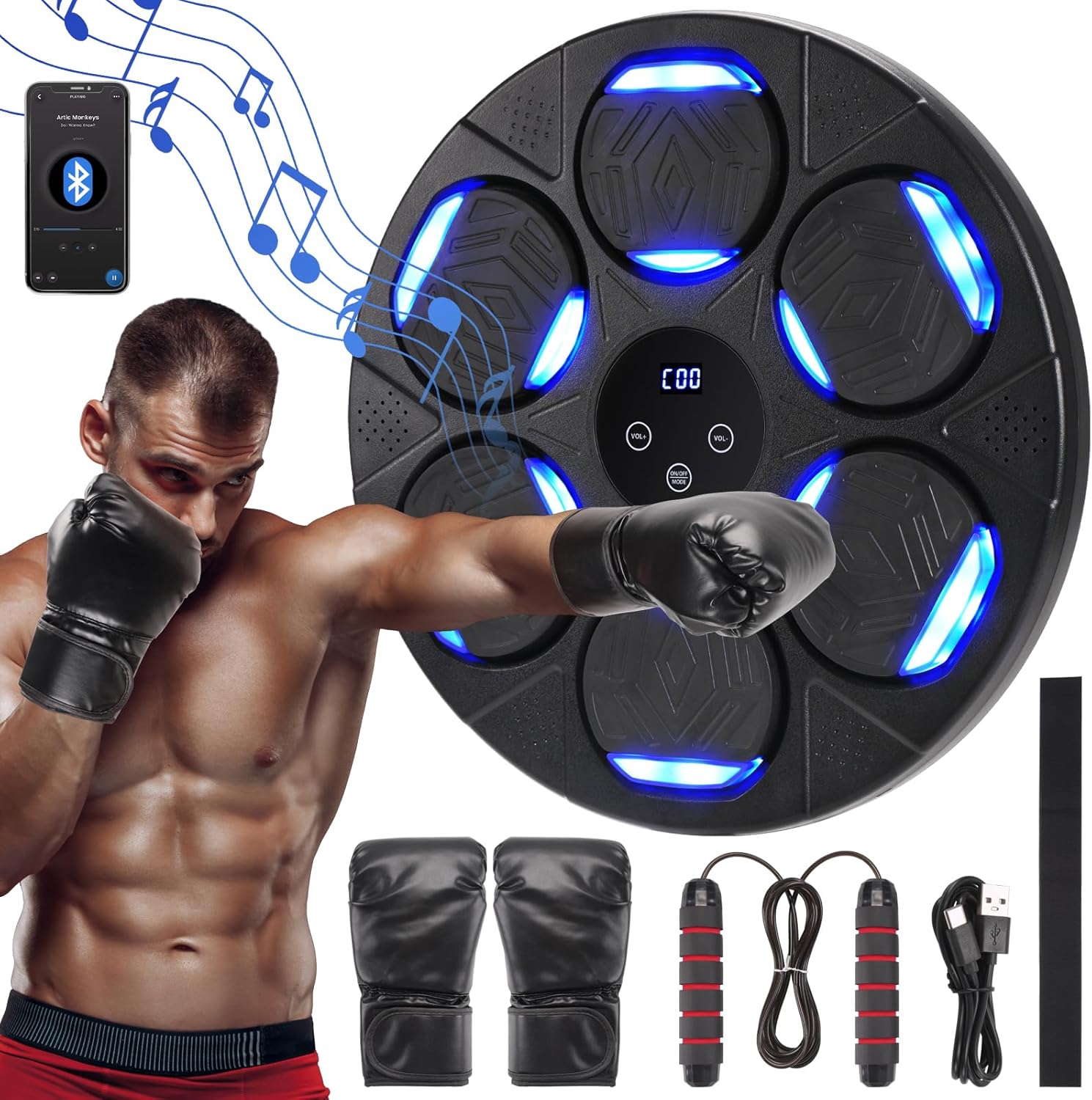 Machine De Boxe Musicale Murale Bluetooth – 9 Vitesses, LED Lumineuses, Gants Inclus, Entraînement Fun & Efficace