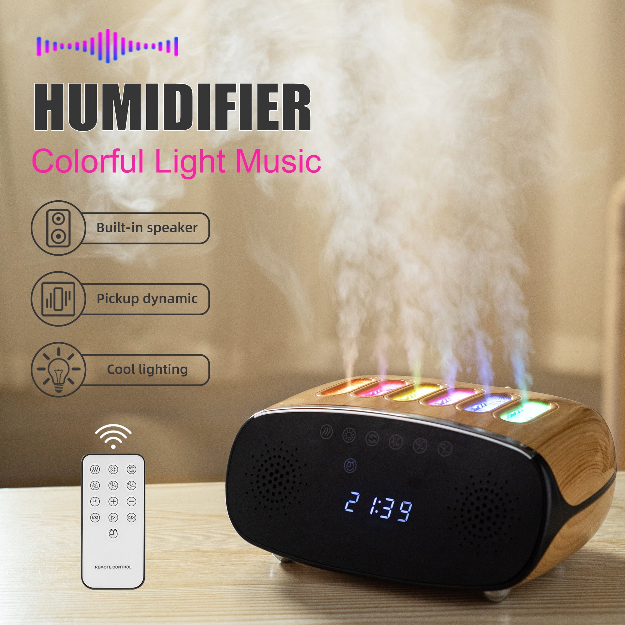 Bluetooth Music Humidifier with Clock, Remote, and Color-Changing Lights – Quiet Ultrasonic Cool Mist Diffuser with 6 Spray Heads for Home, Office, and Bedroom